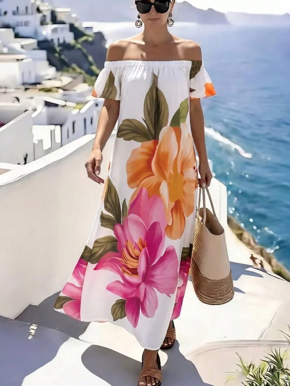 Multicolor Boho Women's Vacation Casual Floral Print Off-Shoulder Long Dress - Picture 3 of 5